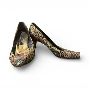 Stuart Weitzman pointed tor pumps in multicolor tapestry fabric